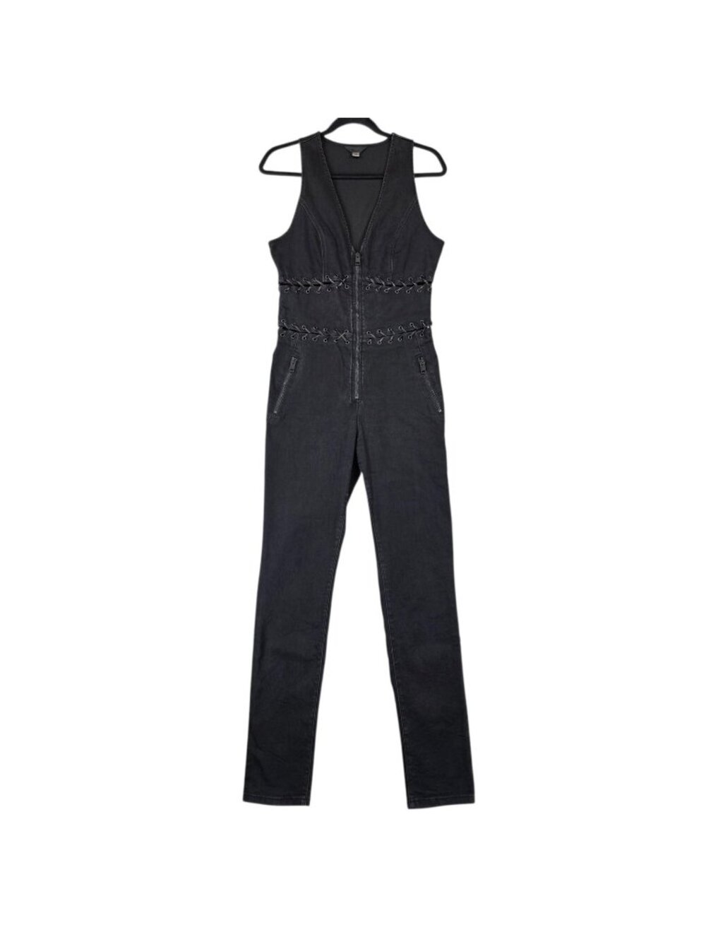 Diesel Jumpsuit Womens M Black Denim Lace Up Zip Slim Leg Sleeveless V Neck